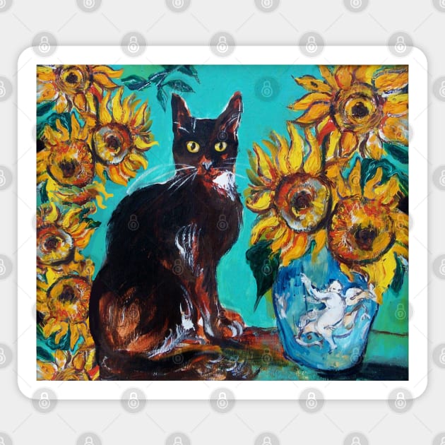 SUNFLOWERS WITH BLACK CAT IN BLUE TURQUOISE YELLOW COLORS Sticker by BulganLumini